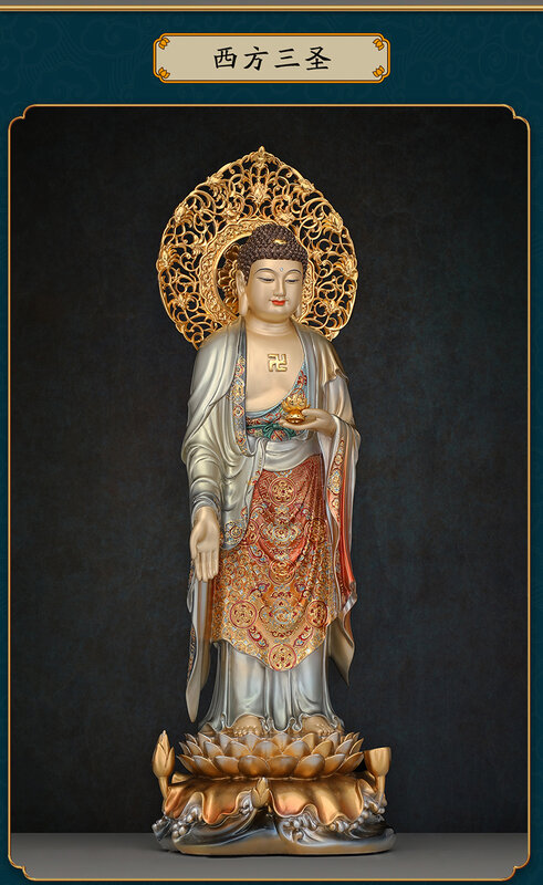 Chapeamento de ouro XI FANG SHENG SHENG Shakyamuni Deus Estátua, Guan Yin Mahasamaprapta buddha, Início Santuário Proteção Figura, 68cm, Figura Superior