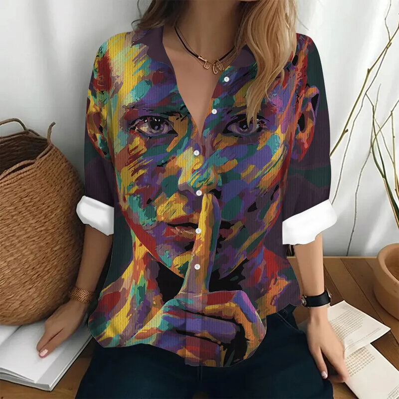 Mulheres camisa de manga comprida 3D Impressão Digital, pintura a óleo abstrata Art Top, moda elegante, havaiana