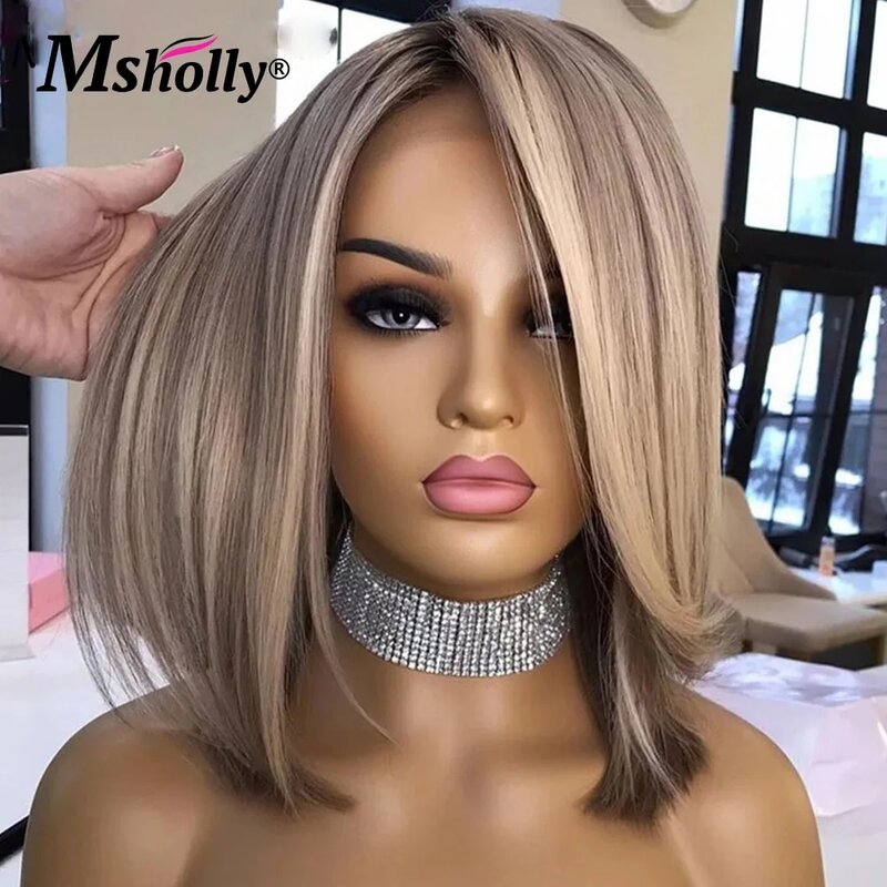HD Transparent Lace Short Bob Highlight Ash Blonde Human Hair Wigs Grey Brown 13x4 Lace Frontal Wigs For Women Straight Bob Cut