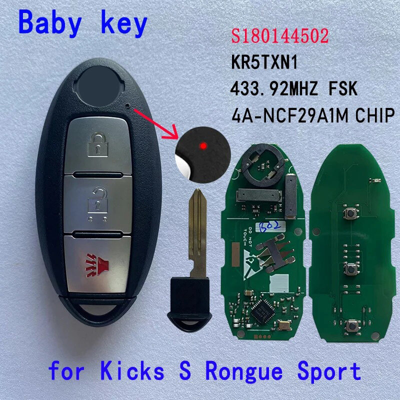Llave Inteligente de bebé para Nissan, 2018-2019, Kicks Rouge Remote, 433Mhz, 4A, S180144502, KR5TXN1, 285E3-5RA0A con luz