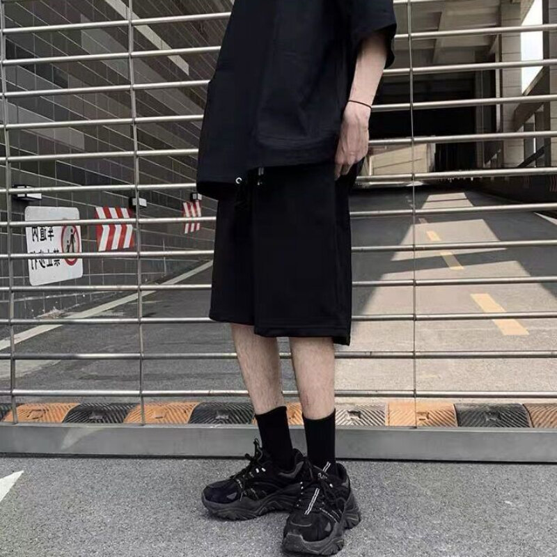 Celana pendek longgar untuk wanita uniseks keren Streetwear Mode Korea Solid wanita santai Sporty kaki lebar Harajuku Ins musim panas umum