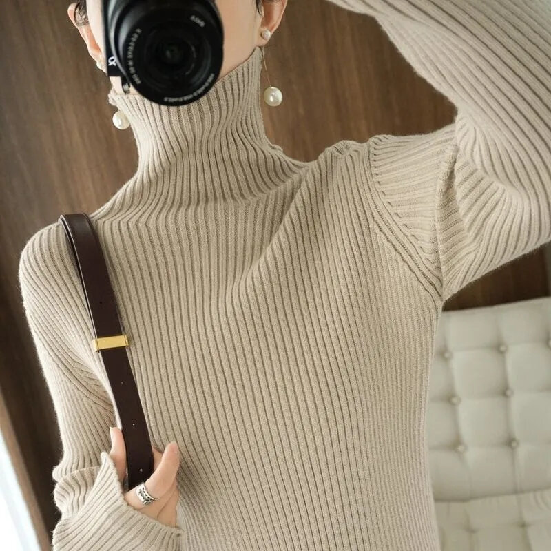 Suéter de cuello alto para mujer, Jersey ajustado de manga larga, tejido coreano, suave, Top de Color sólido, novedad de otoño, 2023