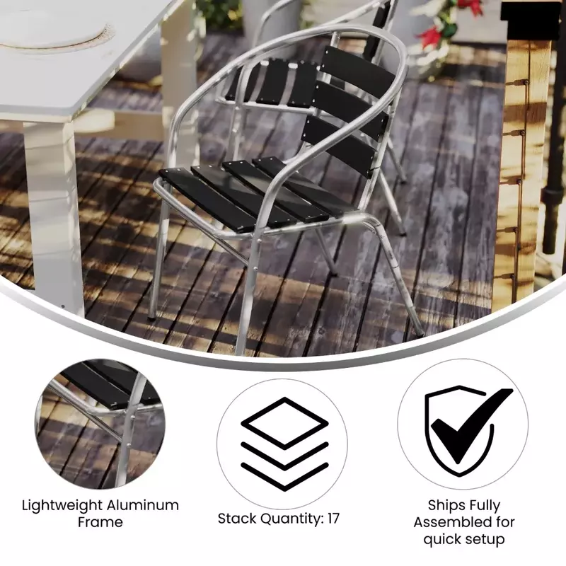Esszimmers tühle Rückenlehne Stuhl kommerziellen Metall Innen-und Außenbereich Esszimmer Stapels tuhl mit drei Lamellen Faux Teak Cafe