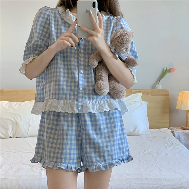 Conjunto de pijama xadrez azul feminino, renda com gola O, shorts e camisas patchwork, pijamas de algodão, pijamas Kawaii doces, verão