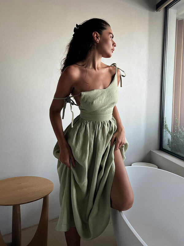 Vintage Elegant Long Dress Women Summer Sexy V Neck Backless Sleeveless Holiday Beach Party Dresses Solid Y2K Female Chic Robes