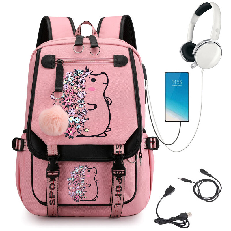 여아용 꽃 고슴도치 애니메이션 책가방, 대형 학생 배낭 고등학교 학생 배낭 가방, 만화 백팩, USB 백팩