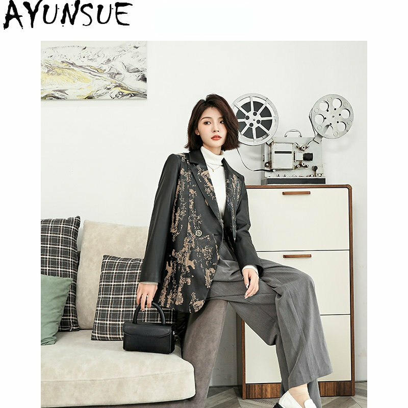 AYUNSUE-천연 양모 가죽 자켓 여성용, 진짜 가죽 블레이저, 패션 프린트 가죽 자켓, 여성 코트, 여성용