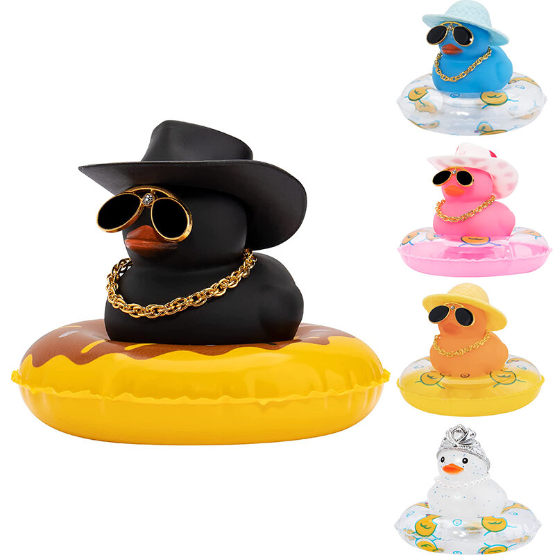 Rubber Duck Car Dashboard Decorações, Acessórios Com Swim Ring, Óculos De Sol Chapéu E Colar, Ornamento, 1 Conjunto