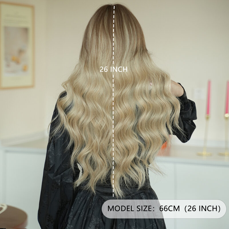 Synthetic Lace Wig Long Curly Wave Middle Part Ombre Blonde Wigs High Density Layered HD Transparent Lace Front Wig for Women