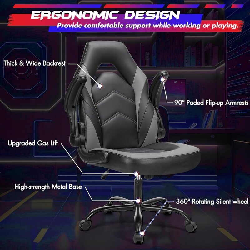 Sweetcrispy Krzesło biurowe do gier komputerowych - Ergonomiczne krzesło wyścigowe z regulacją obrotową do biura i wykonawców ze skóry PU