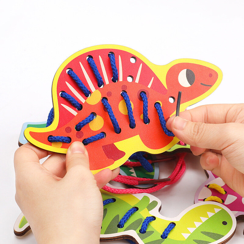 Montessori Wooden Animal Stringing Toy para crianças, Placa de rosqueamento de dinossauro, habilidades motoras finas, jogo de treinamento, brinquedos educativos