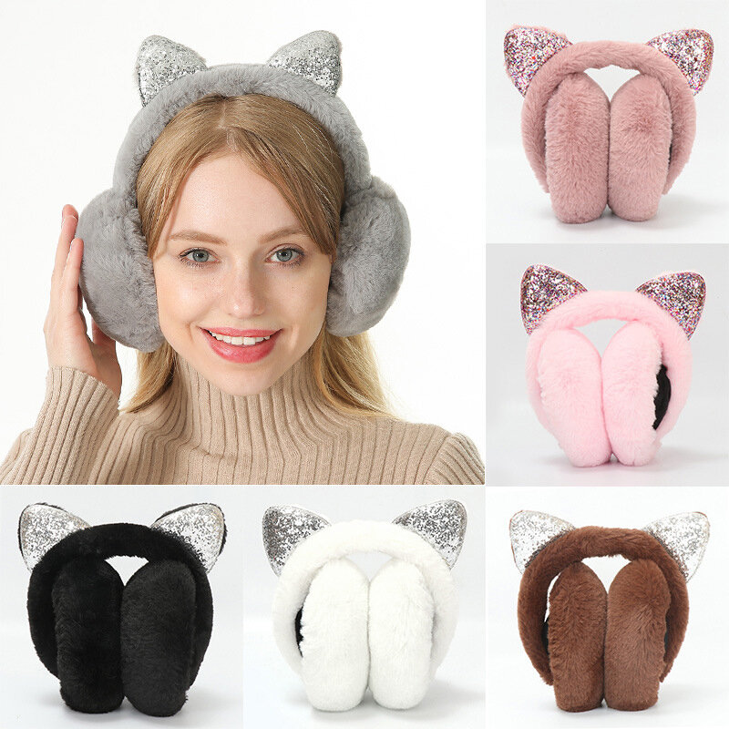 Cartoon Glitter Sequin Cat Ears Ear Earmuffs Headphones Ear Cover For Woman Girls Outdoor Cold Protection Fluffy Soft Earmuffs