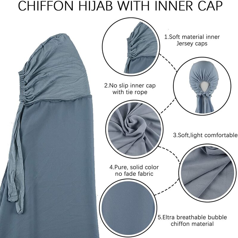 Muslim Women Chiffon Hijab With Cap Bonnet Instant Chiffon Hijabs Pinless Shawl Head Scarf Underscarf Caps Cover Headwrap