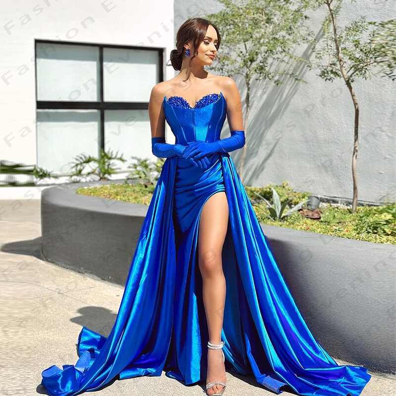 Vestidos sereia azul royal para mulheres, lado sexy dividido, vestidos de princesa, festa formal, vestido glamouroso, 2022