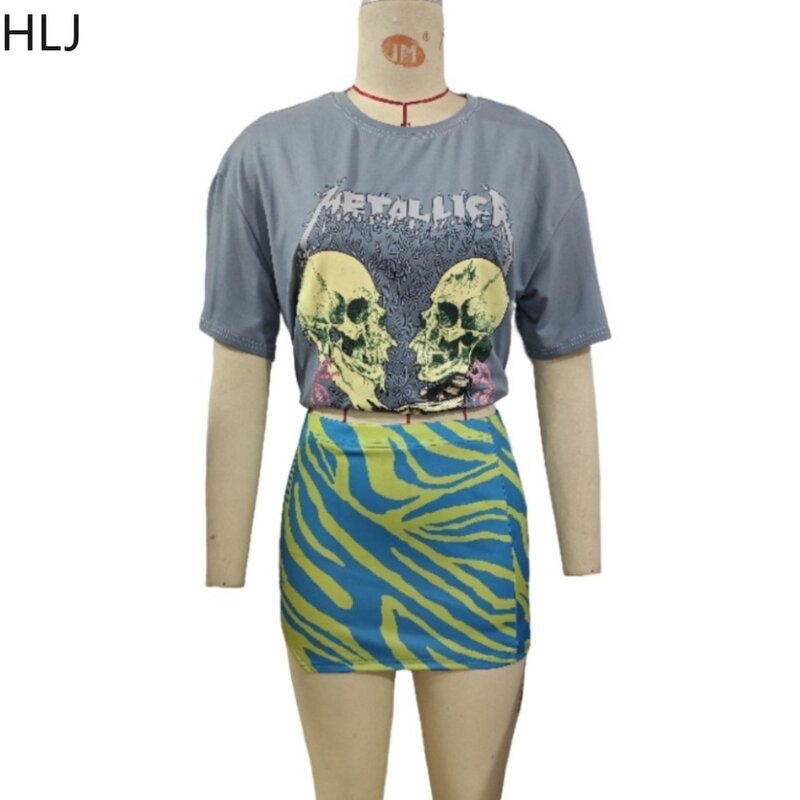 HLJ 패션 Y2K 스트리트웨어 여성용 패턴 프린트 라운드넥 반팔 티셔츠 및 미니 스커트 투피스 세트, 여름 의상 2 개
