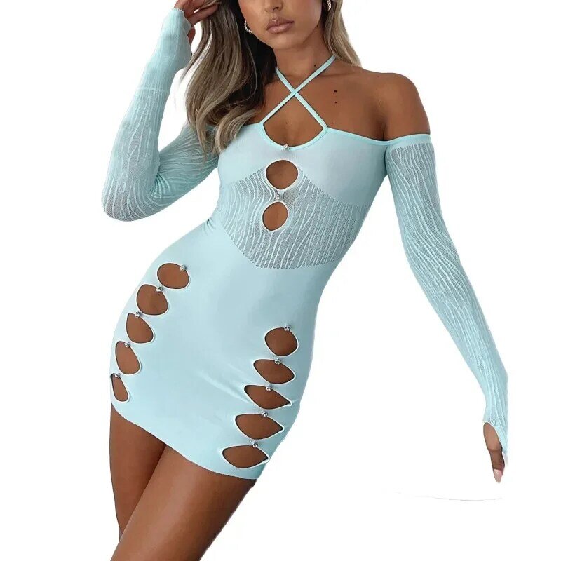 Women's Sexy Mesh Dress Cover Up Midi Long Sleeved Hanging Collar Street Party Spring and Autumn New Casual Wrap Cut Dress YDL48