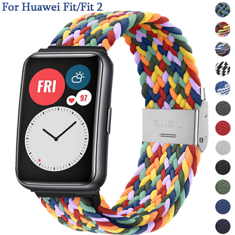 Nylon Trançado Watch Strap para Huawei Watch, Elastic Loop, Pulseira Banda Ajustável, Metal Connector, Fit 2