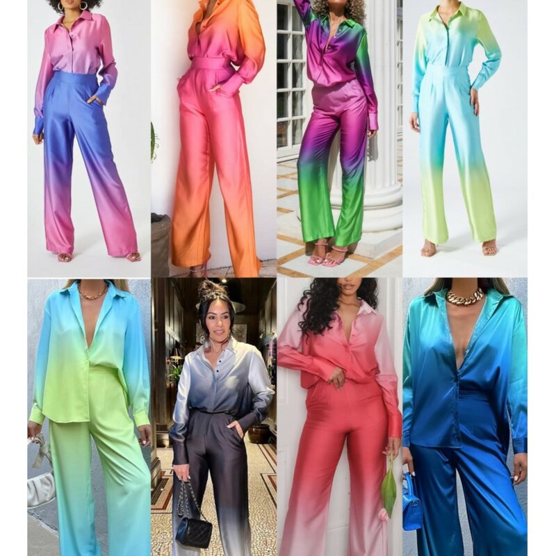 Mulheres gradiente estampado cetim conjunto de duas peças, camisas de manga comprida, cintura alta calças retas soltas, nova streetwear, outono, 2024