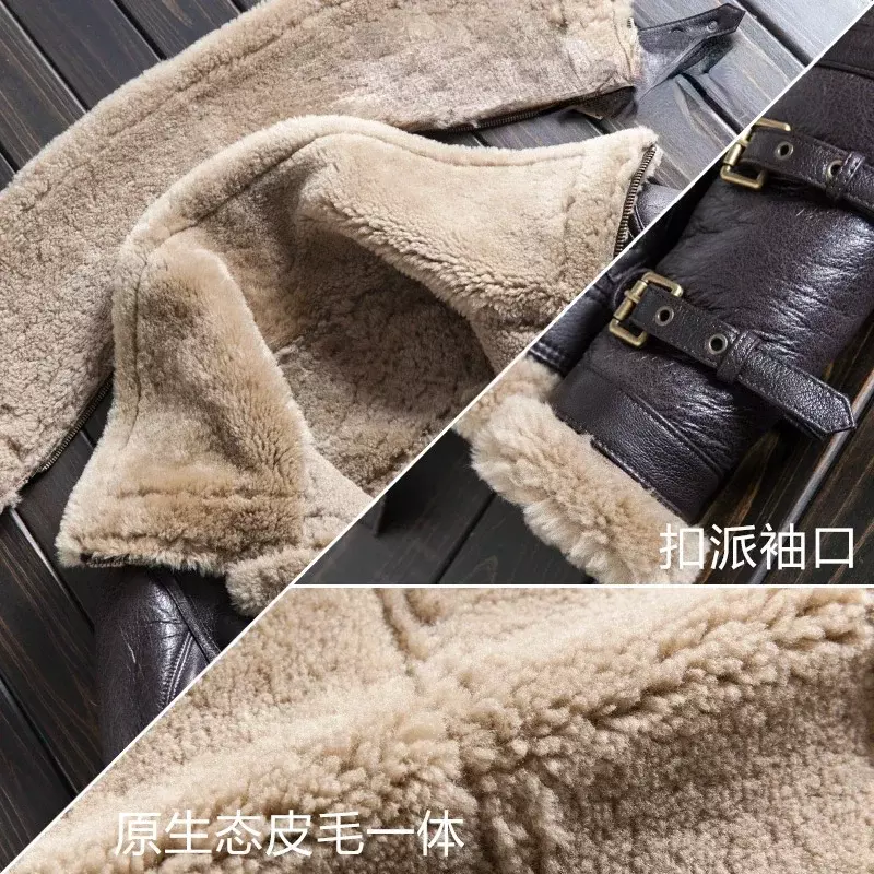Jaqueta de couro genuína para homens e mulheres, gola dupla integrada, pele natural de ovelha original, tendência inverno, nova