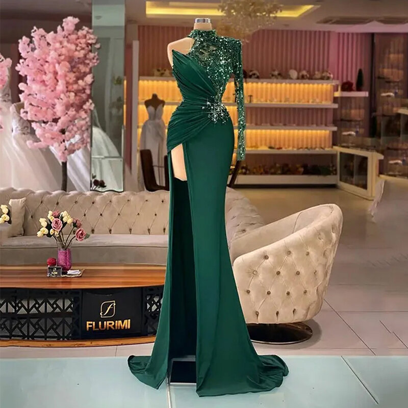 2024 suknie wieczorowe syrenki jedno ramię z długim rękawem seksowna strona wysokim rozcięciu błyszcząca księżniczka suknie na bal maturalny formalne modna suknia imprezowe
