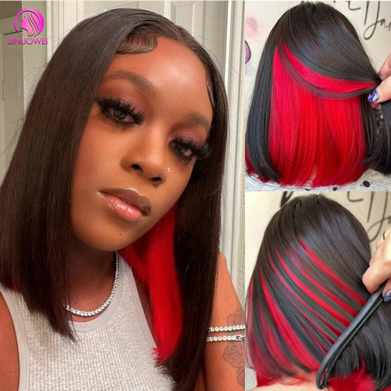 Peruca de cabelo humano transparente do laço para mulheres, perucas curtas e retas, destaque vermelho e preto, colorido ombre, 4x4