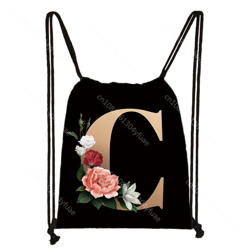 กระเป๋าหูรูดลายดอกไม้อักษร A-Z สำหรับเด็กผู้หญิงกระเป๋าสะพายหลังโรงเรียนท่องเที่ยวสำหรับวันเกิดของเด็กอุปกรณ์ถุงซานตาอาบน้ำ