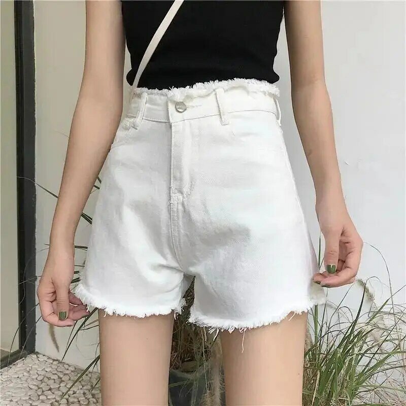 New High Waist Tassel Denim Shorts Female Summer Korean Version Raw Edge Wide Leg Loose Plus Size Jean Shorts Women