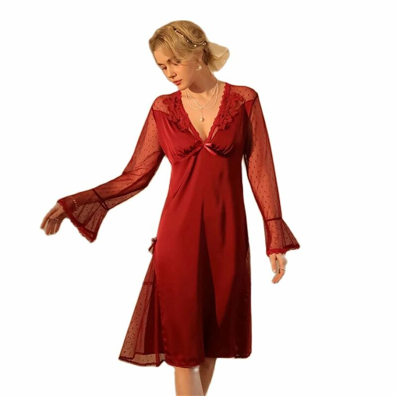여성용 얇은 V넥 레이스 나이트 드레스, 긴 소매 새틴 메쉬 패치워크 잠옷, 란제리, 숙녀 홈웨어, 여름 잠옷