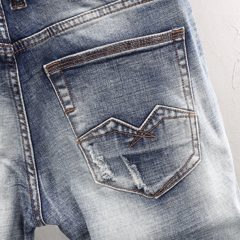 Włoski styl modne dżinsy męskie wysokiej jakości Retro sprany niebieski elastyczny Slim Fit porwane jeansy mężczyzn w stylu Vintage designerskie spodnie dżinsowe