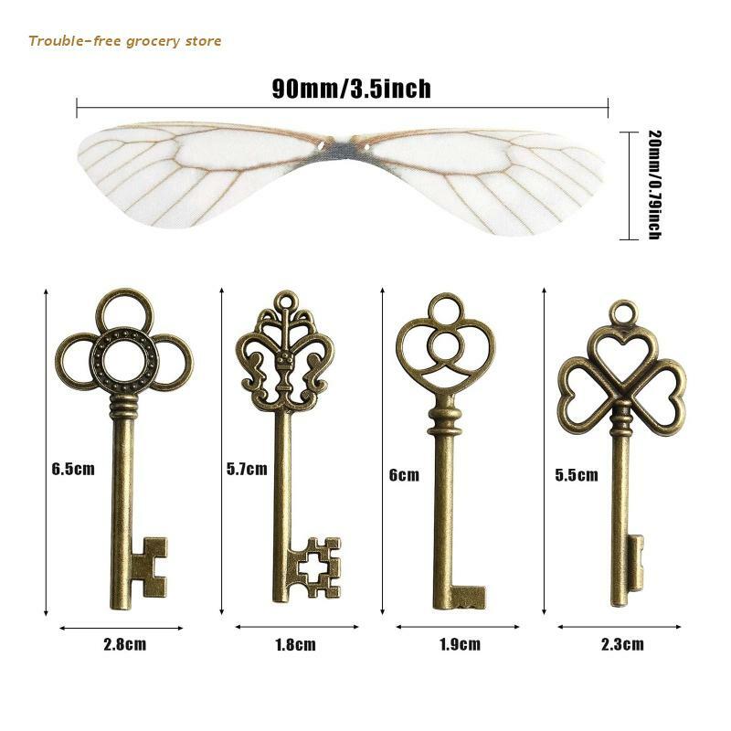 Dijes de llaves voladoras realistas con alas de libélula 28x, decoraciones de llaves de esqueleto