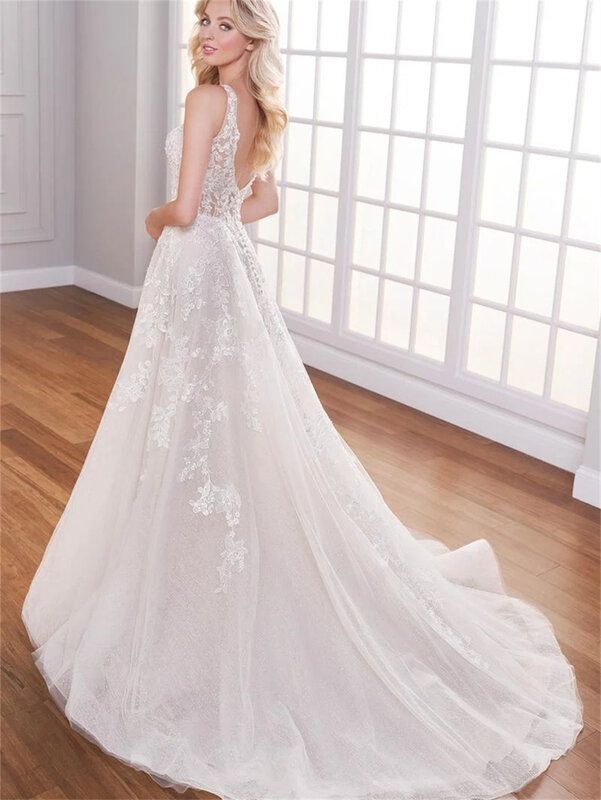 Sexy Deep V Neck Bridal Dress 2024 Classic Lace Wedding Dress Romantic A-Line Floor-length Dress Vestidos De Novia