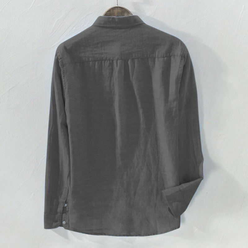 Blusa masculina de botão manga comprida de linho algodão, camisas masculinas plus size, tops de verão com bolsos, folgados, monocromáticos, moda fresca
