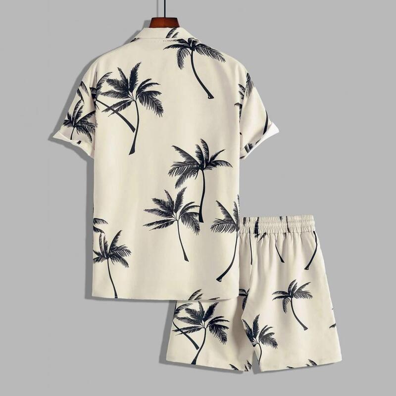 폴리에스테르 세트 남성용 여름 캐주얼 코코넛 나무 프린트 셔츠 반바지 세트, 신축성 드로스트링 허리, 하와이 해변