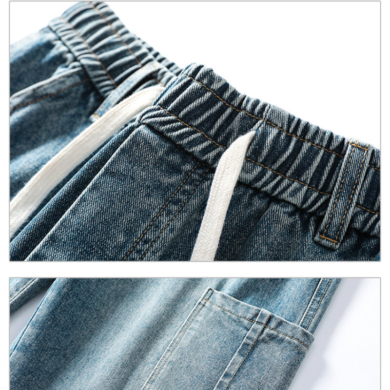 Wiosna/lato główna ulica dżinsy Cargo męskie elastyczne spodnie z elastyczną talią luźne spodnie z prosta szeroka nogawkami