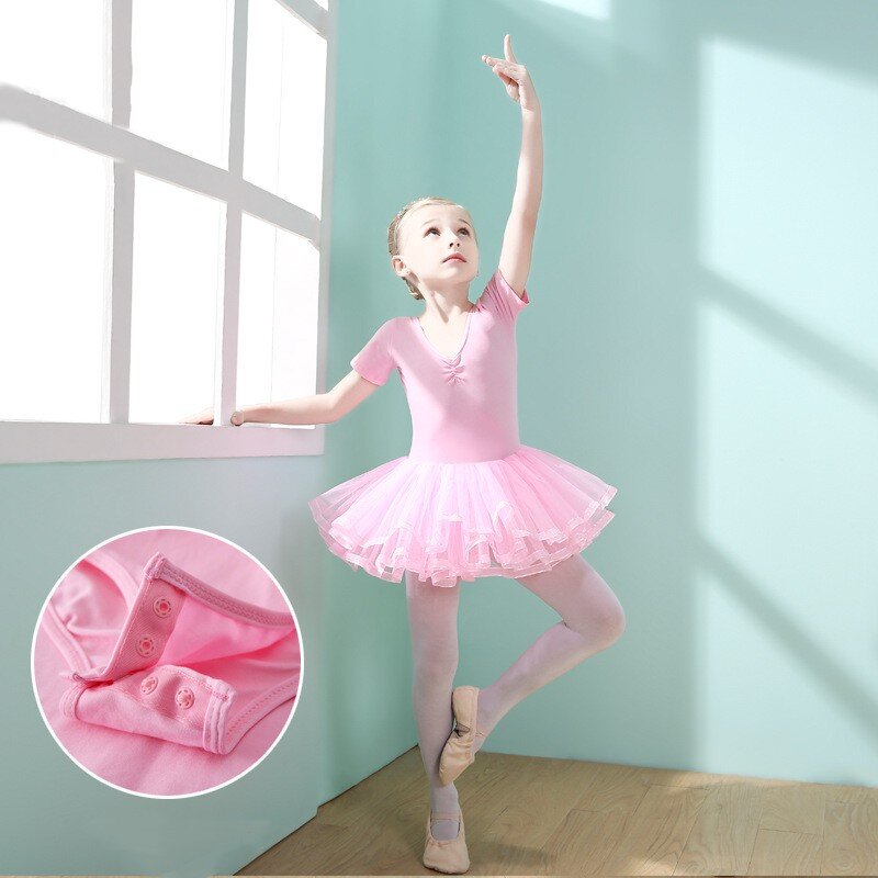 Gaun Balet Anak Perempuan Rok Latihan Anak-anak Kostum Anak-anak Leotard untuk Senam Tutu Pakaian Tari Klasik Lengan Pendek