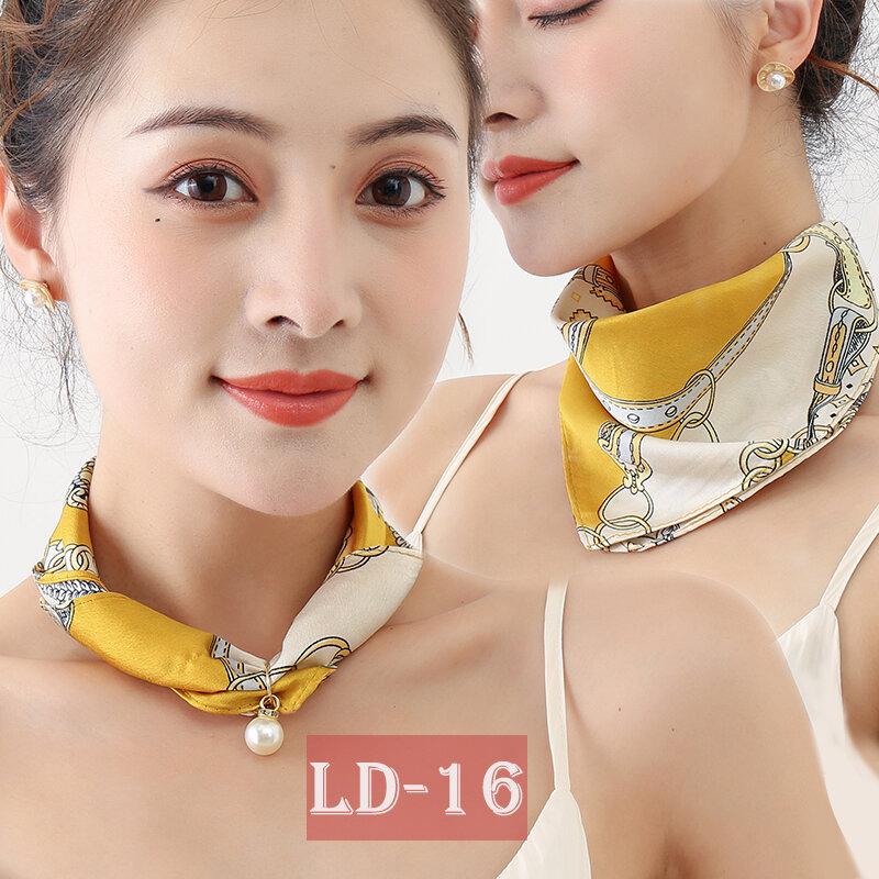 Neue Design Seide Gefühl Schal Halskette mit Perle Hals Krawatte Weibliche Hand Tasche Wirst Foulard Druck Luxus Magnet Schals Echarpe