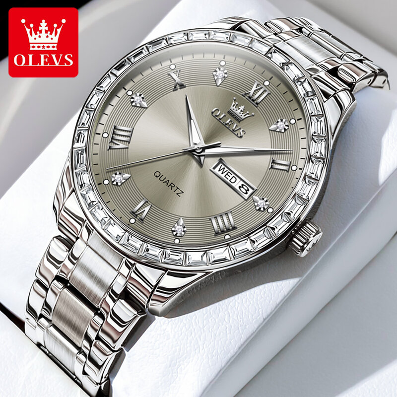 OLEVS jam tangan 9906 berlian pria, arloji Stainless steel tanggal kalender Roman Dial tahan air untuk lelaki