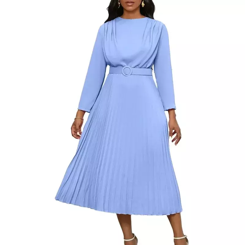 African Dresses for Women Elegant 2024 Spring African Long Sleeve O-neck Polyester Pleat Maxi Dress with Belt African Clothing