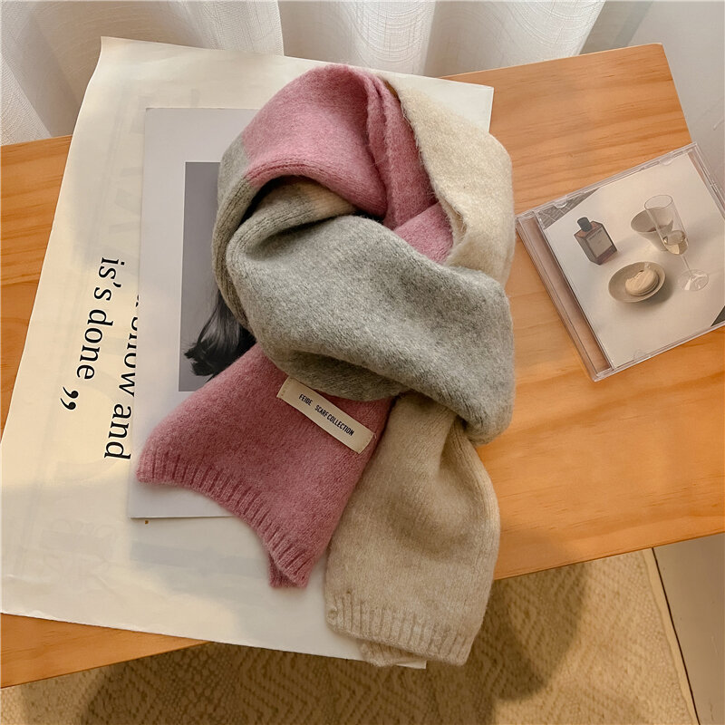 Moda sólida kintted inverno cachecol para mulher splice grosso quente cashmere neckerchief elástico de lã fio magro bufanda foulard