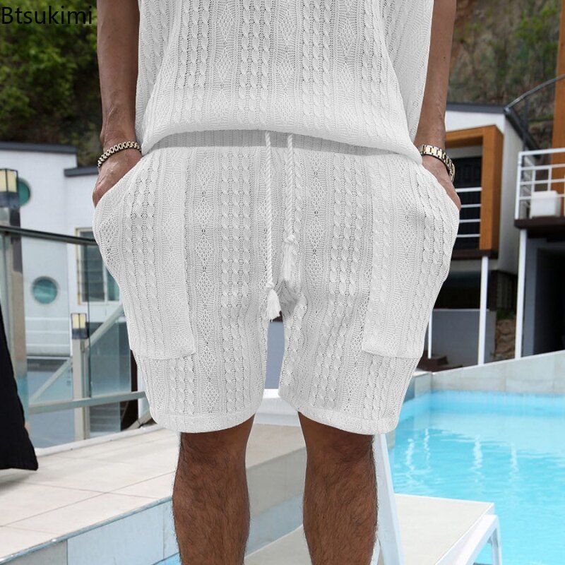 Calção Jacquard de algodão reto masculino, calça solta de praia fitness, moda casual, alta qualidade, verão, novo
