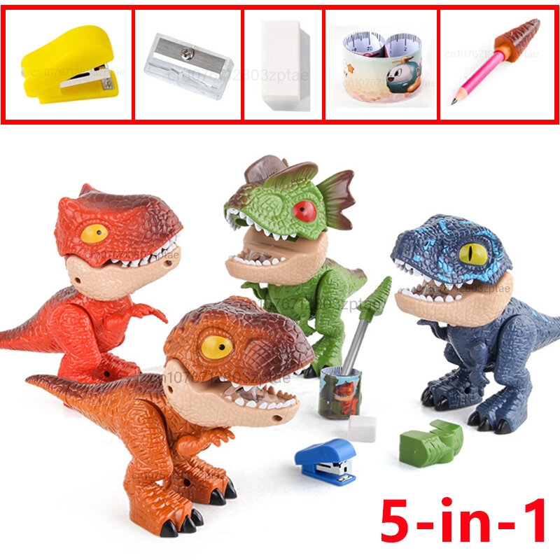 Juguete de dinosaurio 5 en 1, sacapuntas, grapadora, regla, juego de papelería para estudiantes, suministros escolares, regalos para niños