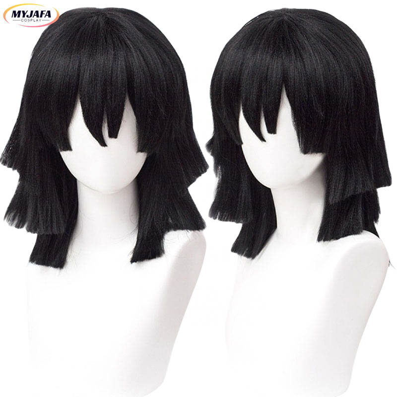 Parrucca Cosplay Iguro Obanai di alta qualità parrucche Anime per capelli resistenti al calore in stile nero corto + cappuccio per parrucca