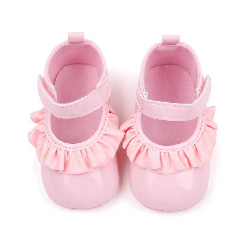 Sepatu bayi perempuan baru lahir 0-18 bulan, kulit Pu sepatu balita sol lembut antiselip sepatu putri bayi pertama jalan