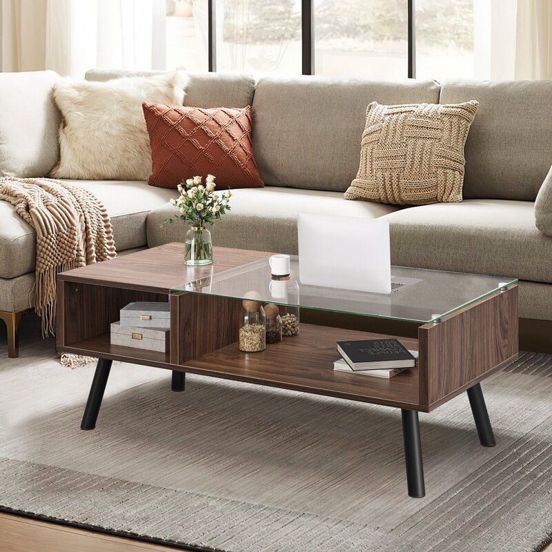 US  2 Tier Glass Coffee Table with Storage Shelf Modern Center Table for Living Room