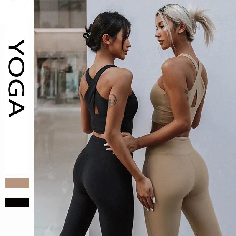 Топ для йоги, комбинированный противоударный бюстгальтер с перекрестной горловиной и тренировочные штаны для бедер, комплект для йоги и фитнеса