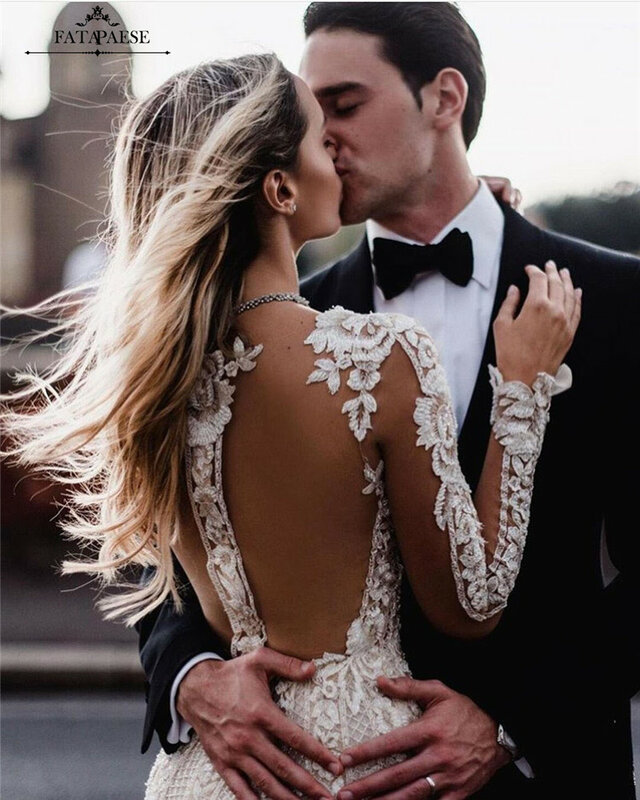 Роскошные свадебные платья-русалки с V-образным вырезом и аппликацией, Элегантное свадебное платье с длинным рукавом и открытой спиной, Robe de Mariee