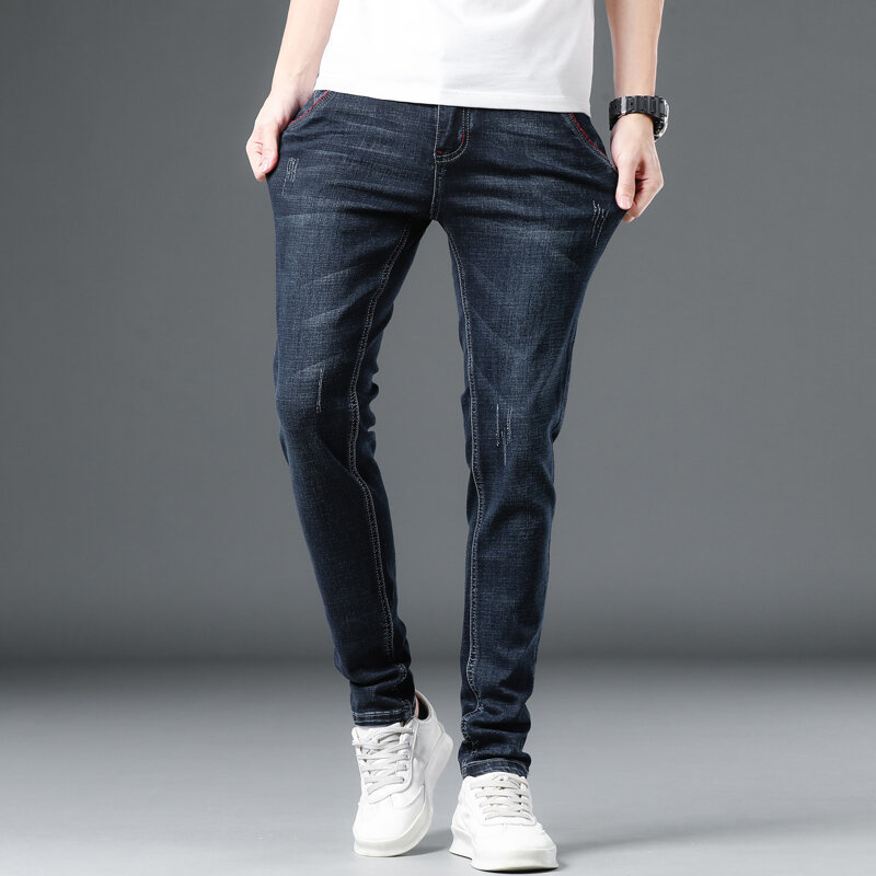Calça casual de elástico pequena masculina, jeans monocromático, slim fit, jeans diário, preta, azul, moda, nova, verão