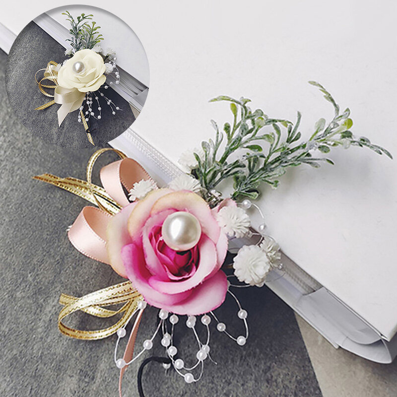 Elegante Corsage Pin com Mão Flor, Fita De Pérolas, Flores De Pulso, Arco, Presentes De Noiva, Acessórios De Casamento