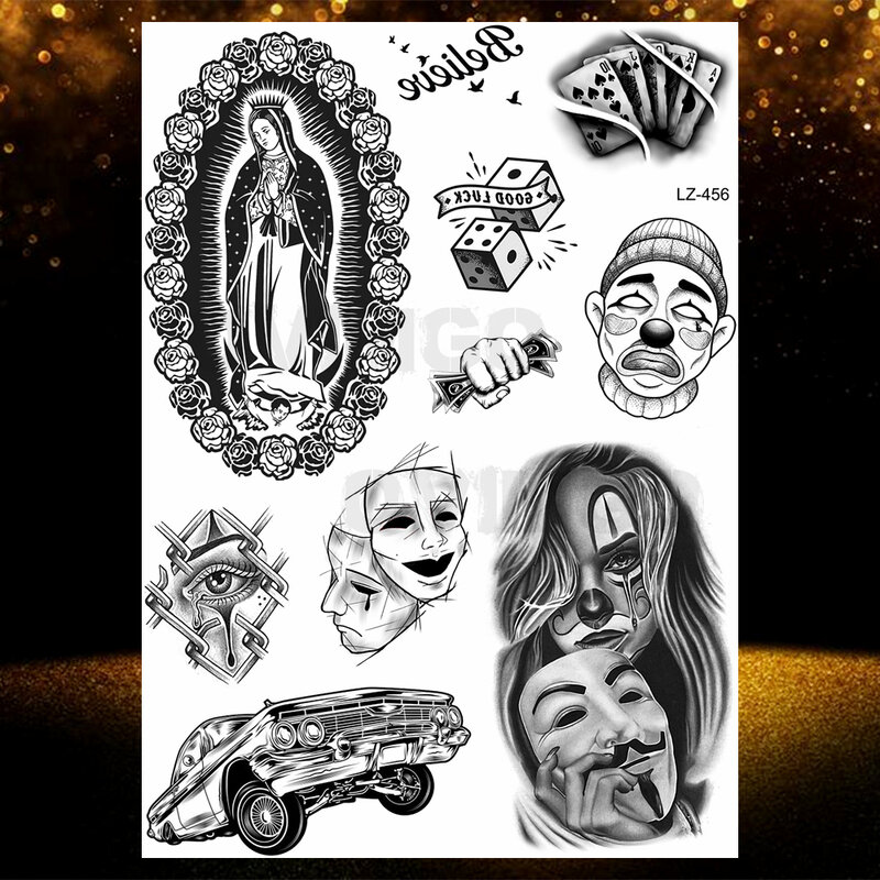 남녀공용 치카노 밴딧 멕시코 임시 문신, 가짜 자동차 수녀 문신, 종교 스티커, 현실적인 백 방수 문신