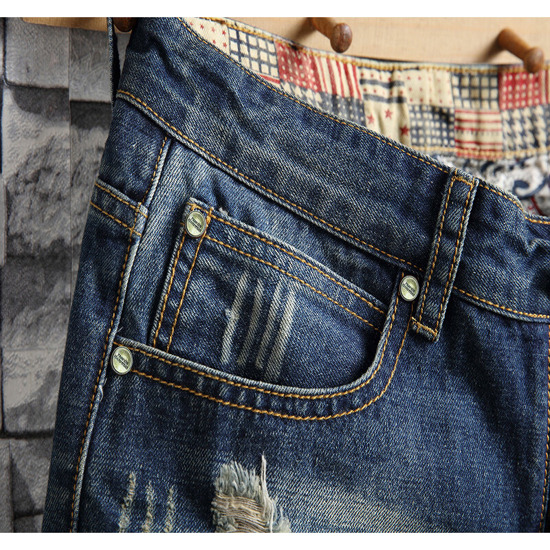 Shorts jeans lavados e slim fit masculino, jeans azul, furos soltos, impressão retrô, lazer de rua, moda, novo, 2024